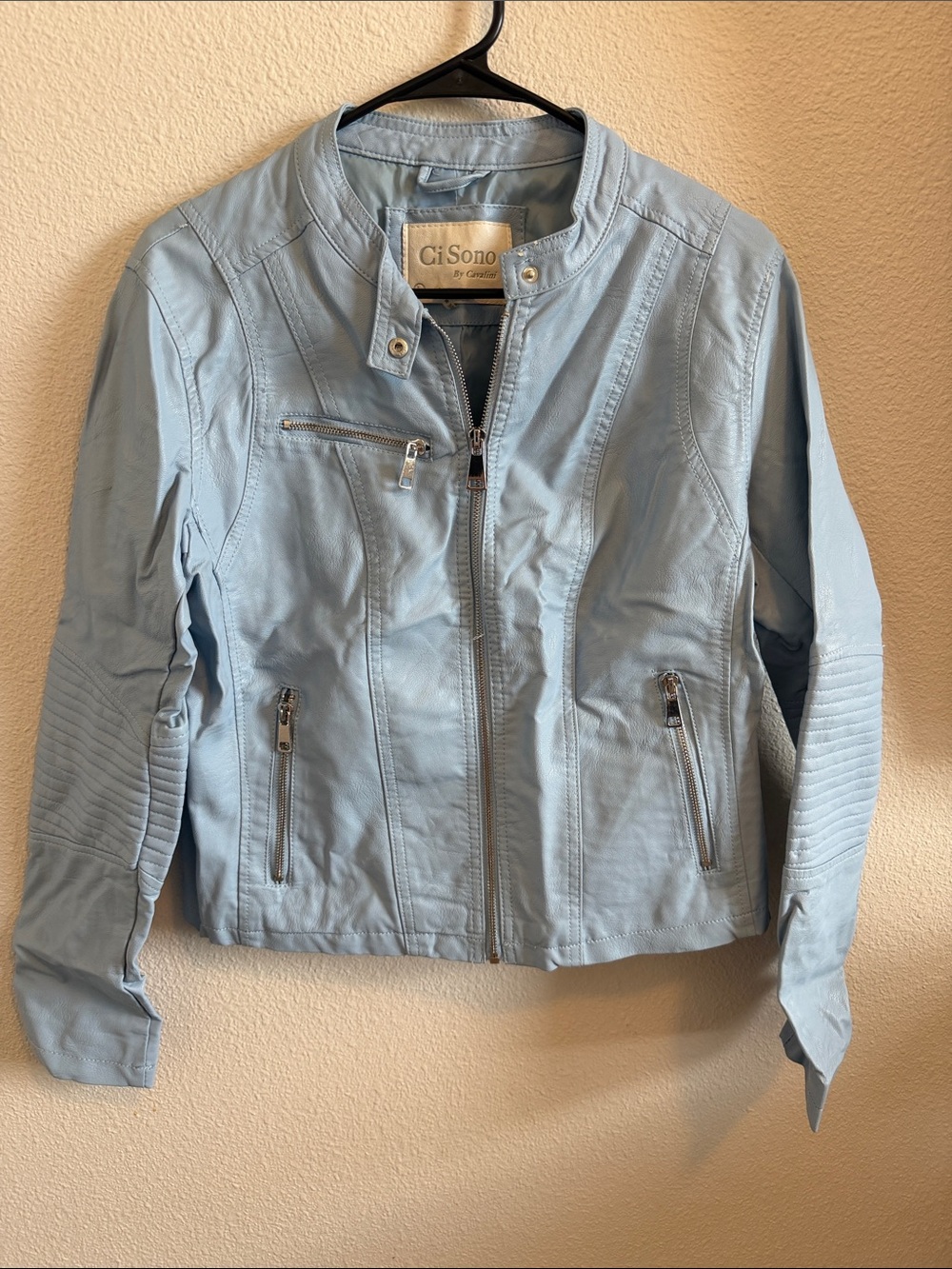 Ci Sono Powder Blue Faux Leather Moto Jacket